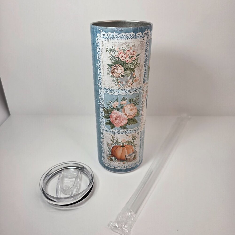 Farmhouse Rooster Floral 20 oz Skinny Tumbler | Cottagecore Vintage Lace - Picture 6 of 9